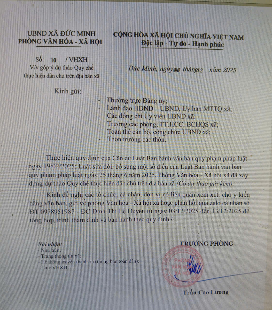 Công văn về việc góp ý dự thảo Quy chế thực hiện dân chủ trên địa bàn xã
