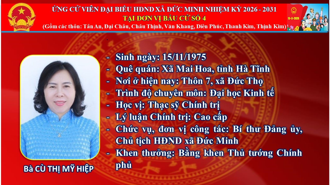 Danh sách người ứng cử đại biểu HĐND xã Đức Minh nhiệm kỳ 2026 - 2031