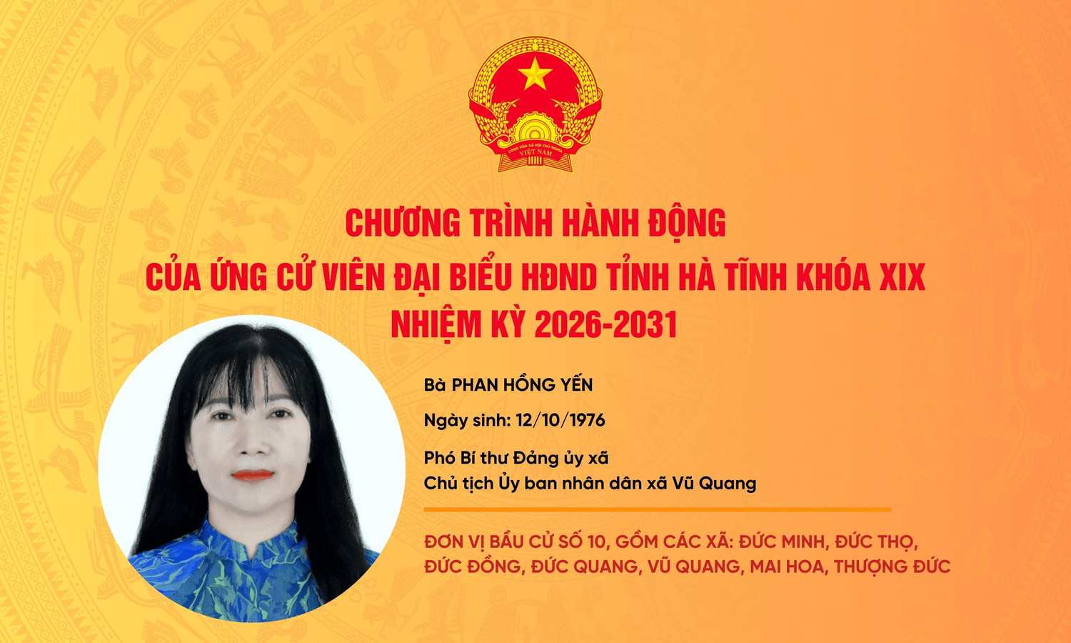 Chương trình hành động của Ứng cử viên Đại biểu HĐND tỉnh khóa XIX nhiệm kỳ 2026 - 2031, tại đơn vị bầu cử số 10 của Bà Phan Hồng Yến